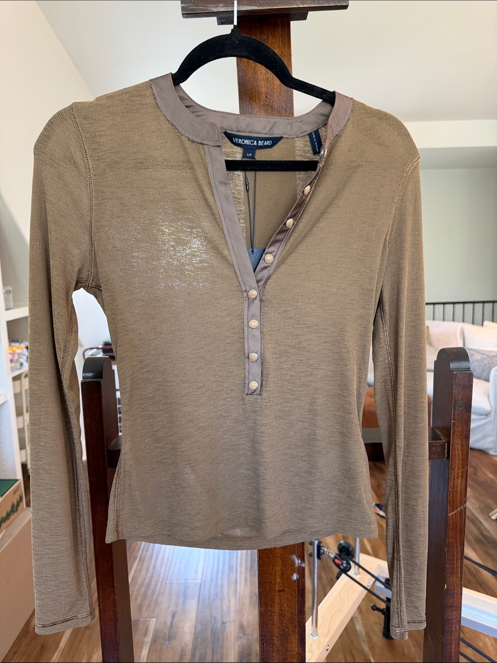 Veronica Beard Olive-Tan Long Sleeve Henley with Snap Placket